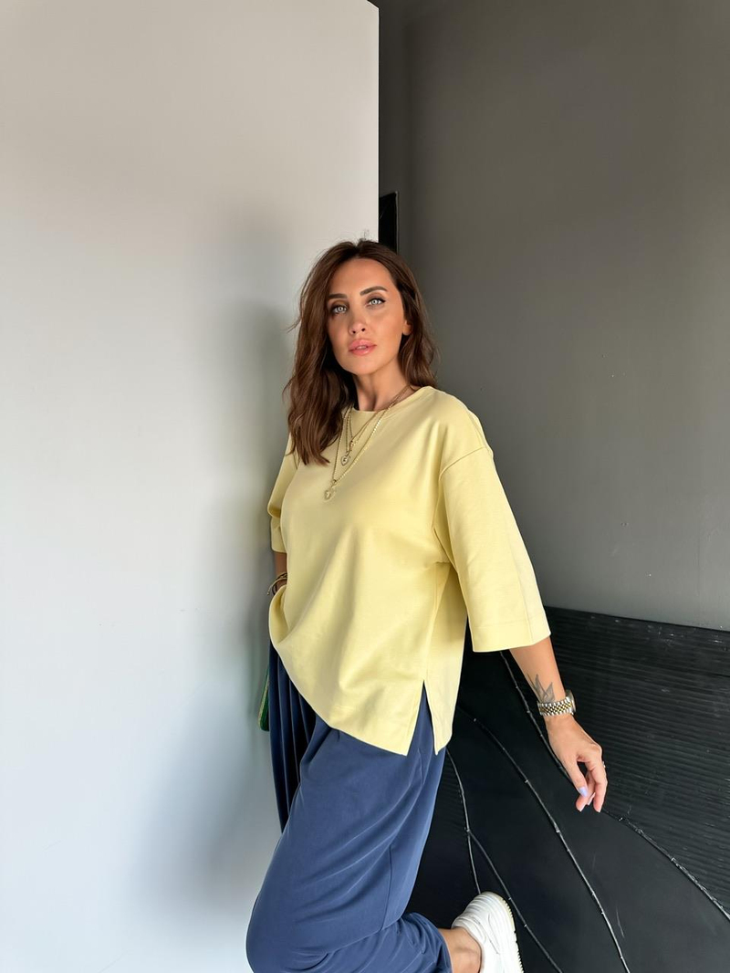 Sarı Yırtmaçlı Cotton Oversize Tshirt
