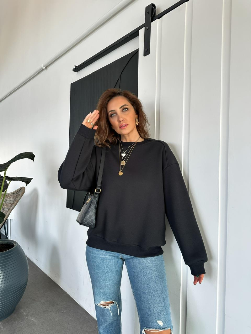 Siyah Bisiklet Yaka Cotton Sweatshirt 
