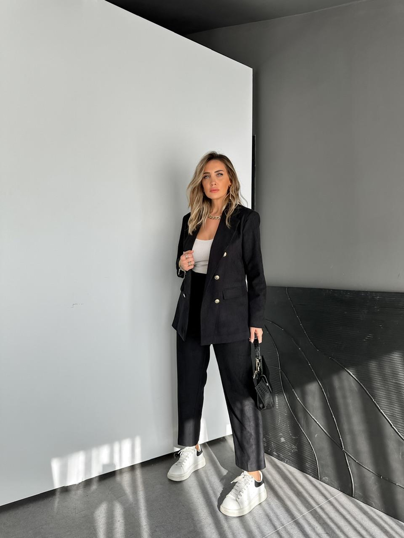 Siyah Ceket Pantolon Fitilli Kadife Takım
