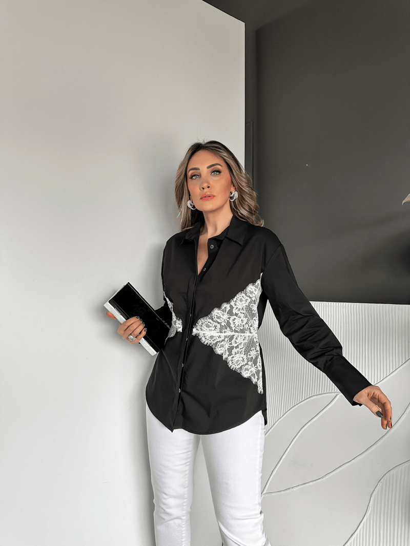 Siyah Dantelli Bağlamalı Gömlek