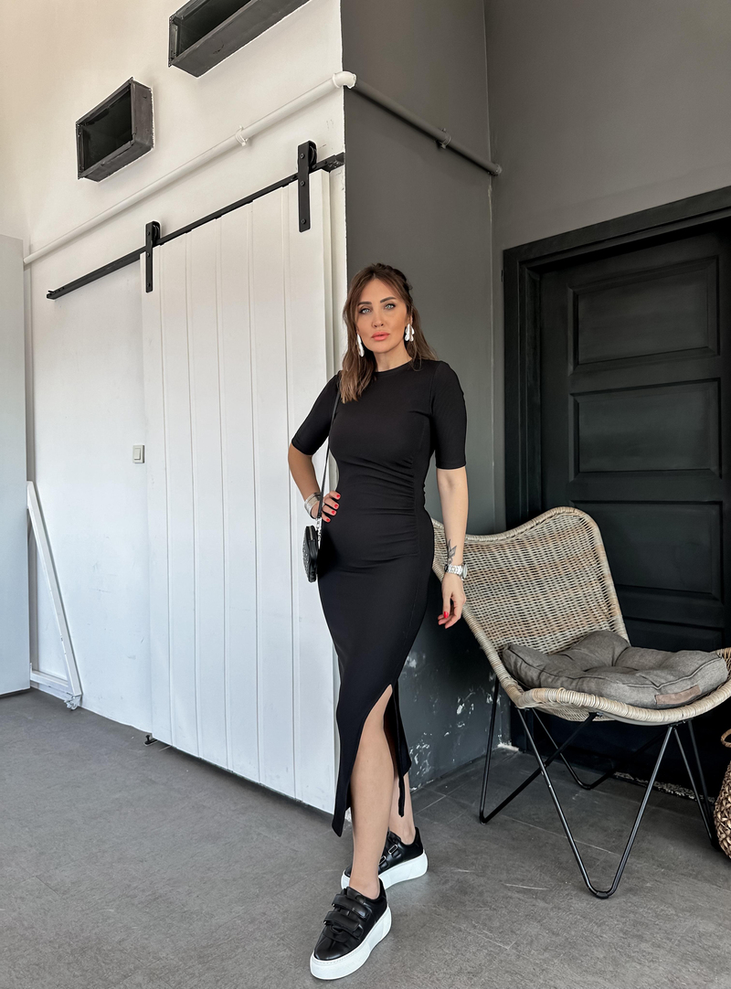 Siyah Drapeli Likralı Fakir Kol Elbise