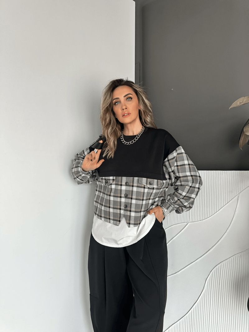 Siyah Ekose Gömlek Detaylı Sweatshirt