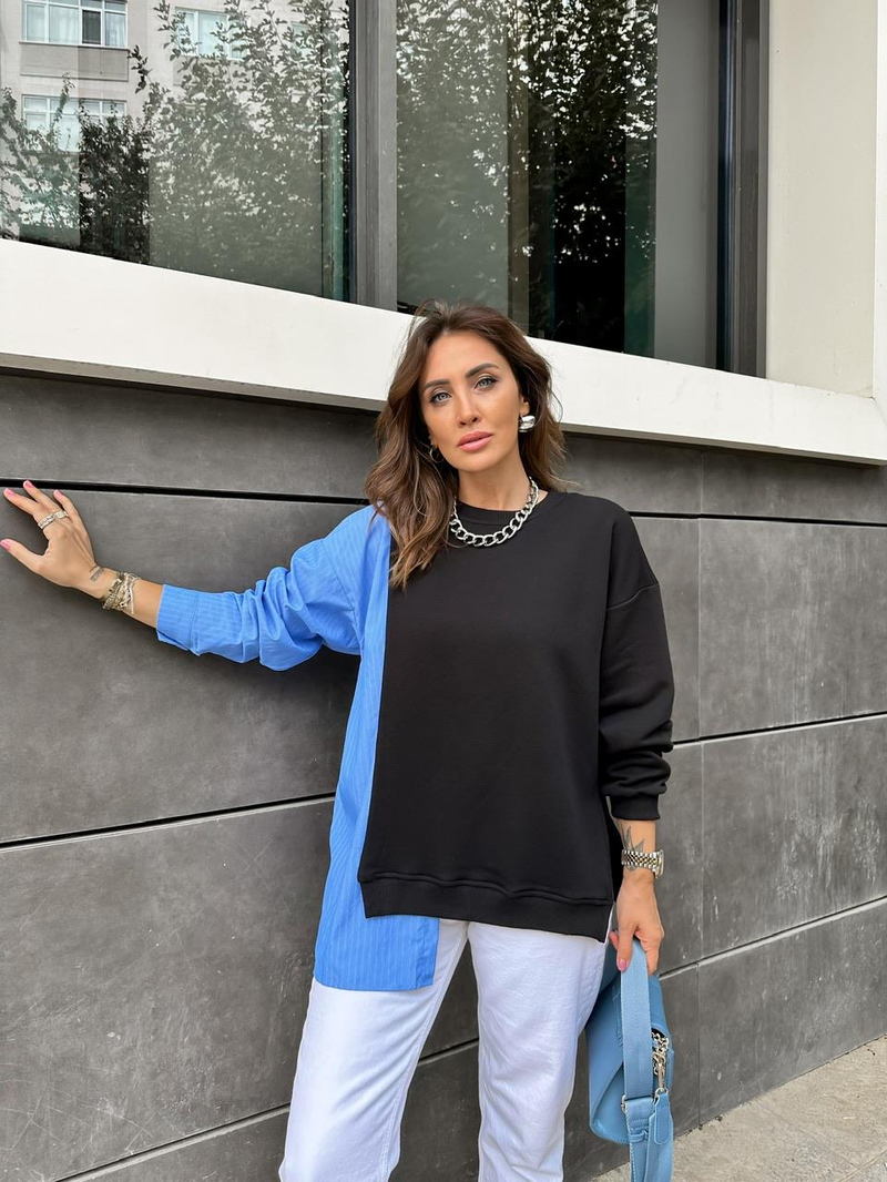 Siyah Gömlek Parçalı Asimetrik Sweatshirt