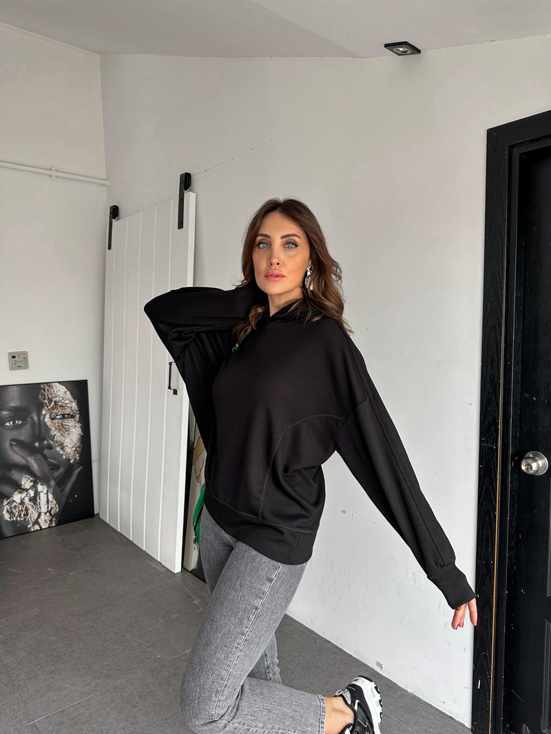 Siyah Kapşonlu Modal Sweatshirt