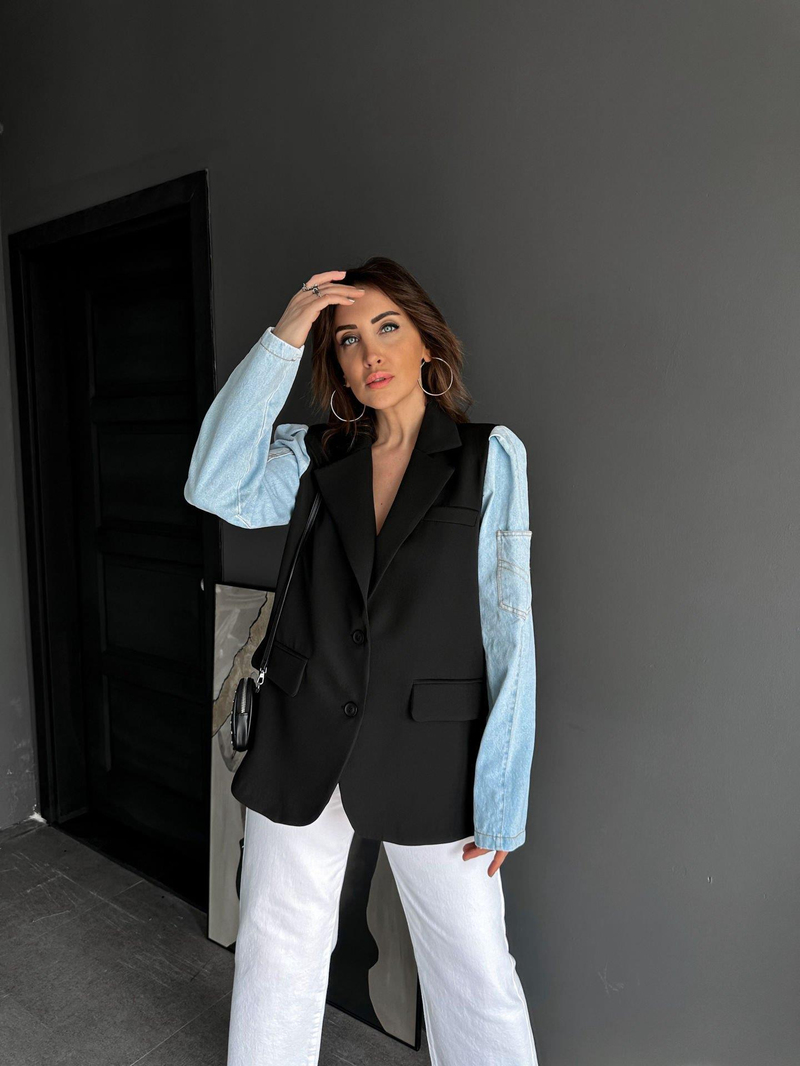 Siyah Kolları Denim Blazer Ceket