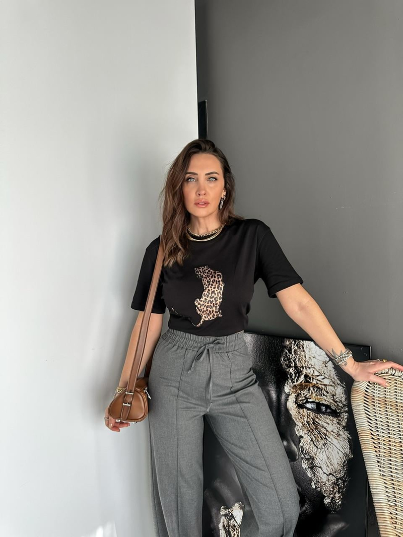 Siyah  Leopar Figürlü Cotton Tshirt