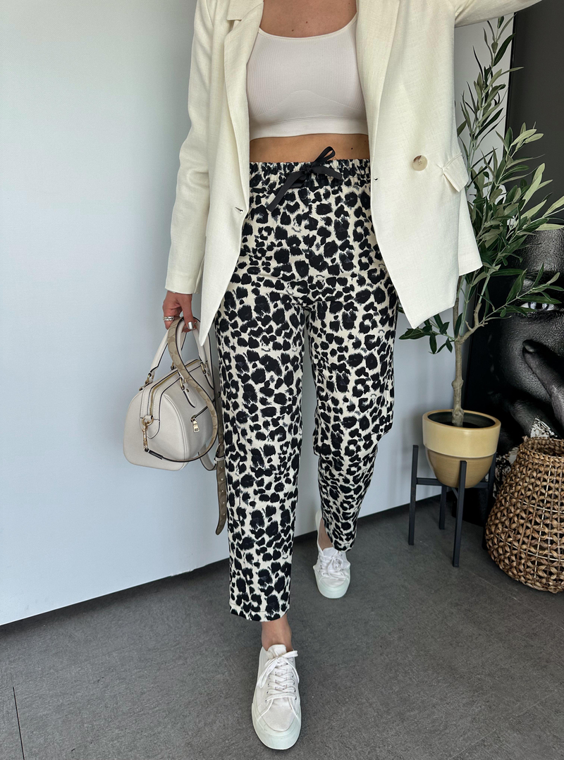 Siyah Leopar Gabardin Pantolon 