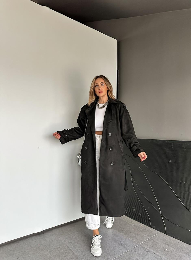 Siyah Manşetli Süet Premium Trençkot