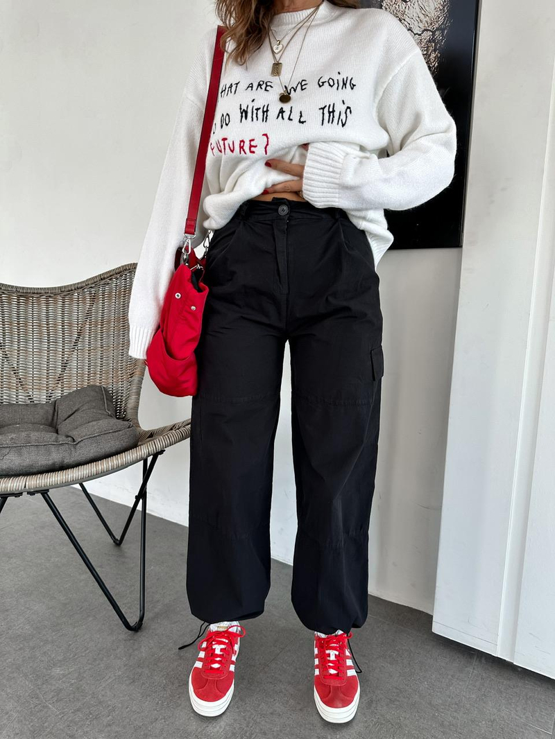 Siyah Paçası Büzgülü Kargo Pantolon