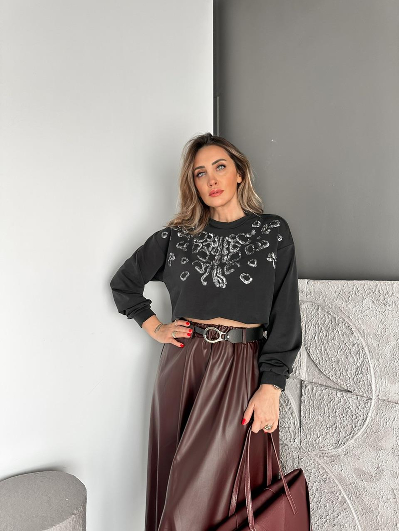 Siyah Payet İşlemeli Modal Sweatshirt