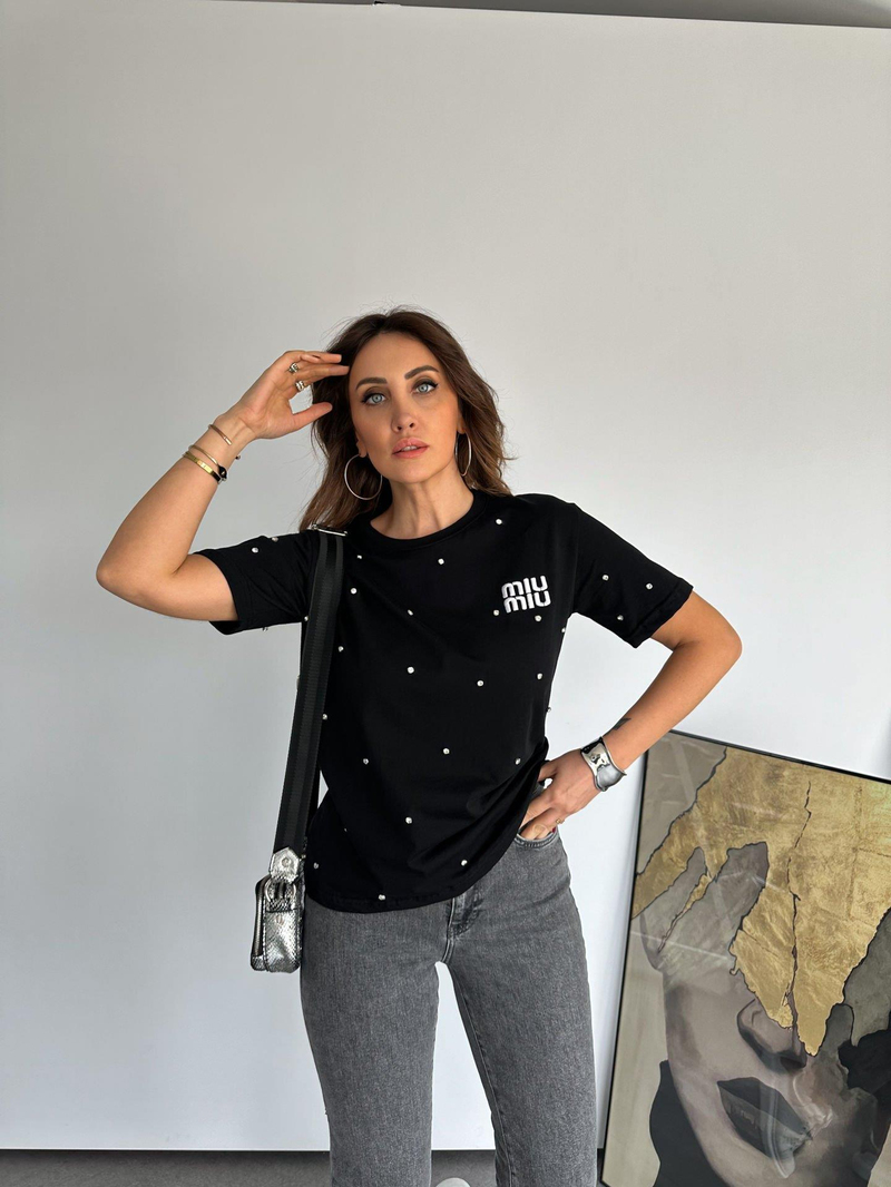 Siyah Serpme Taşlı Miu Tshirt