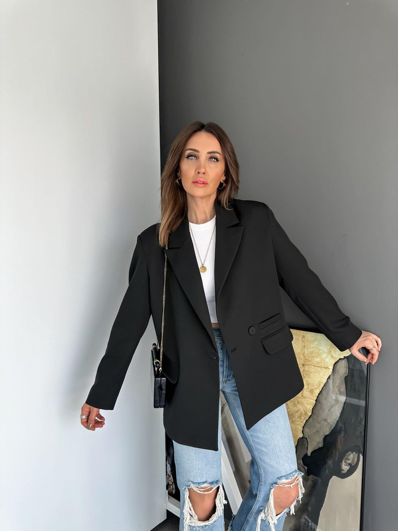 Siyah Tek Düğmeli Blazer Ceket