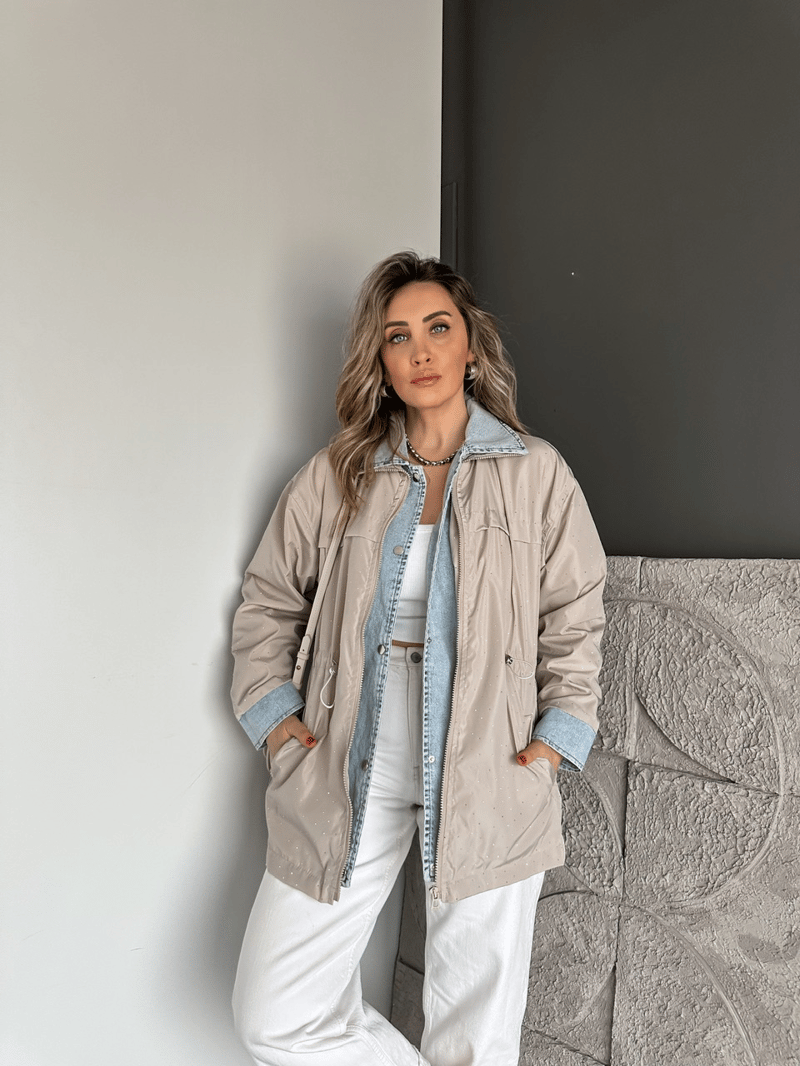 Taş Serpme Taşlı Kot Parçalı Ceket