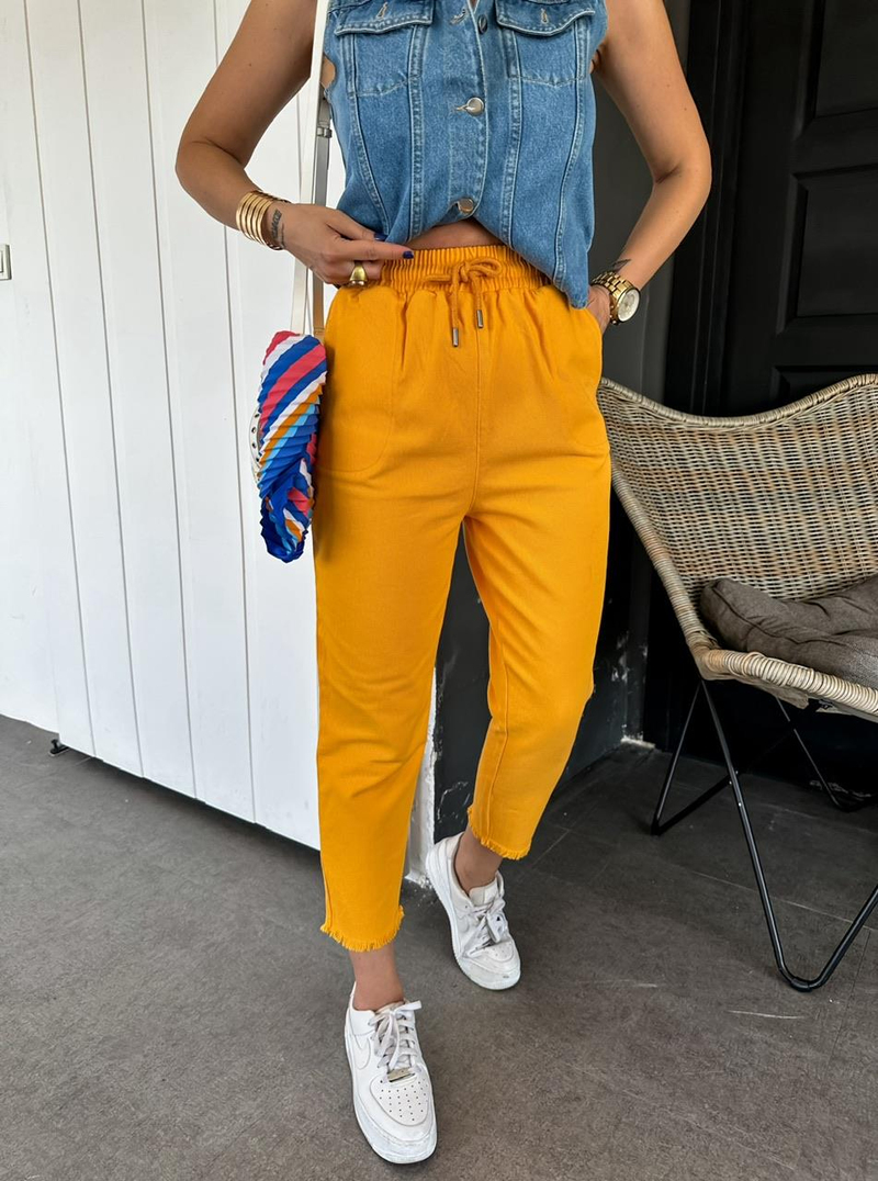 Turuncu Gabardin Beli Lastikli Pantolon 