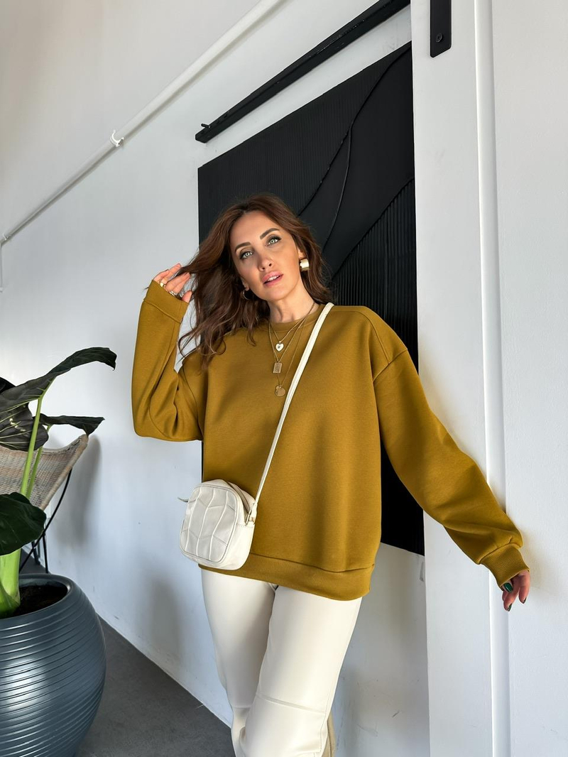 Yağ Yeşili Bisiklet Yaka Cotton Sweatshirt