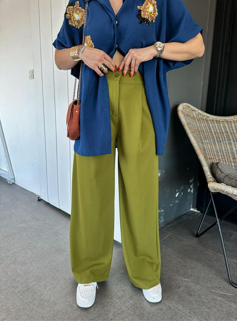 Yağ Yeşili Bol Kesim Basic Pantolon