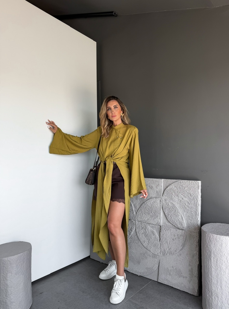 Yağ Yeşili Yırtmaçlı Uzun Kimono