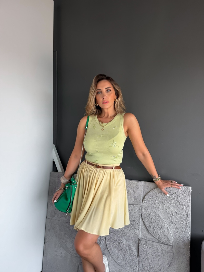 Yeşil Boncuk İşlemeli Likralı Atlet