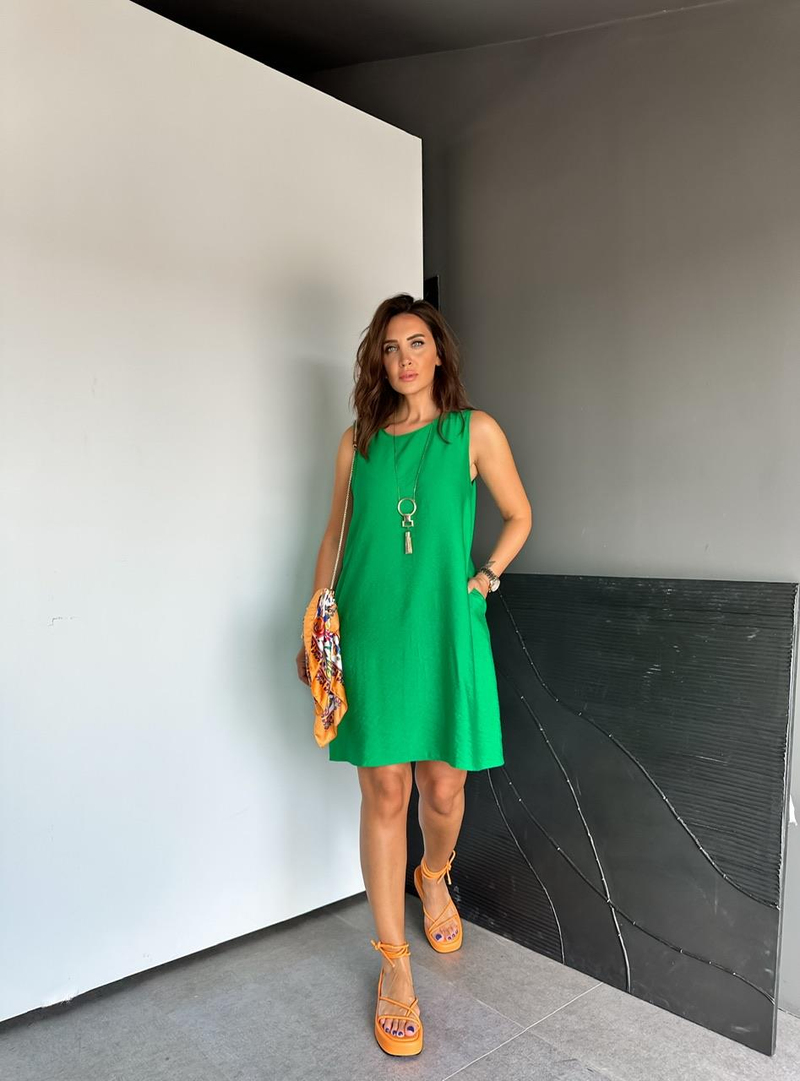 Yeşil Cepli Basic Cotton Elbise