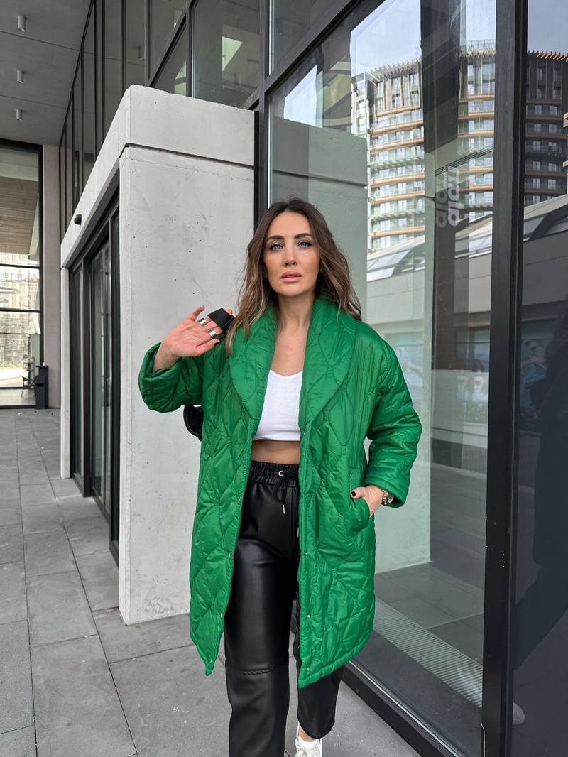 Yeşil Şal Yaka Kapitone Çıtçıtı Mont