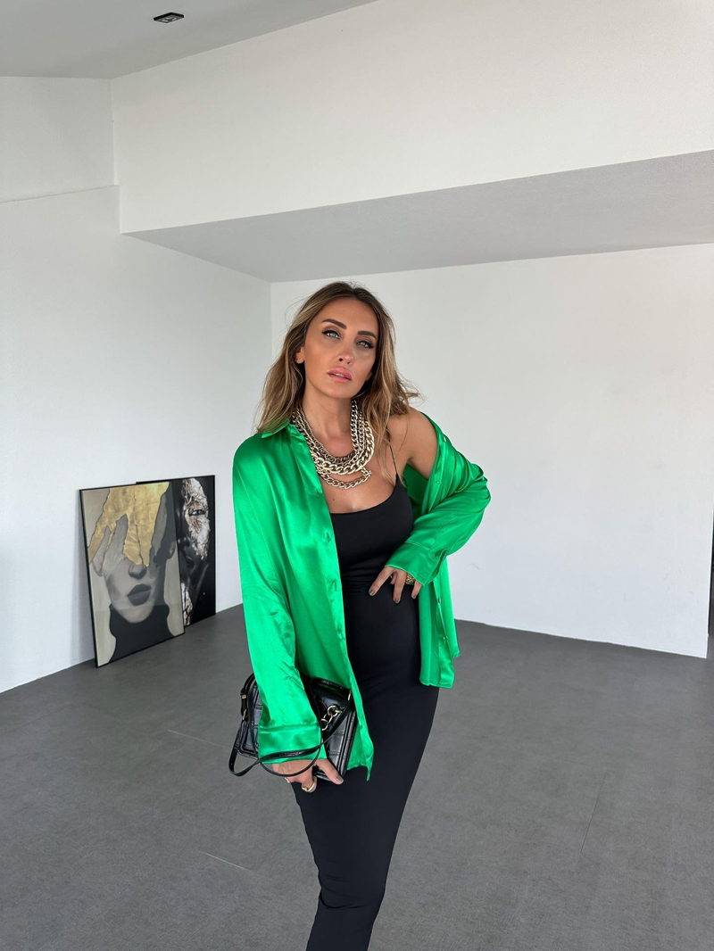Yeşil Saten Oversize Gömlek