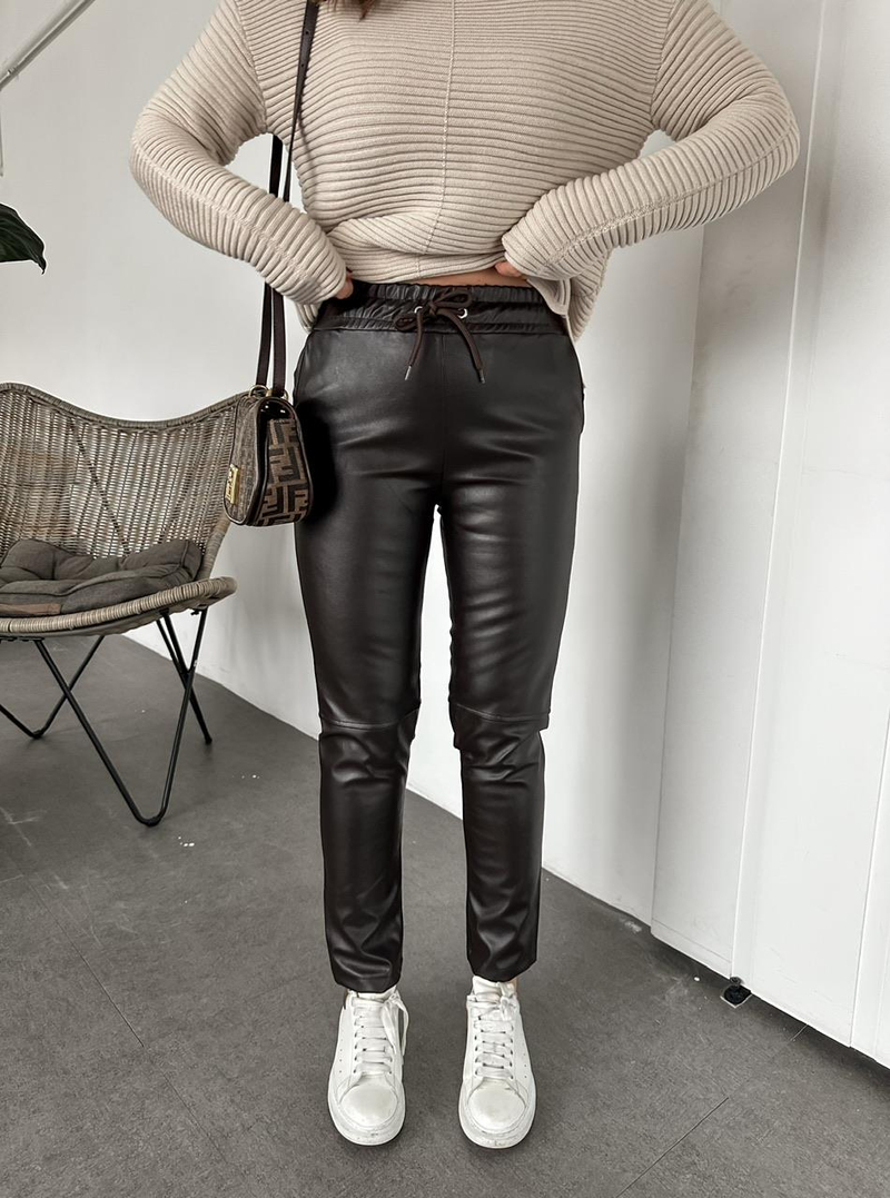 Acı Kahve Beli Lastikli Basic Deri Pantolon