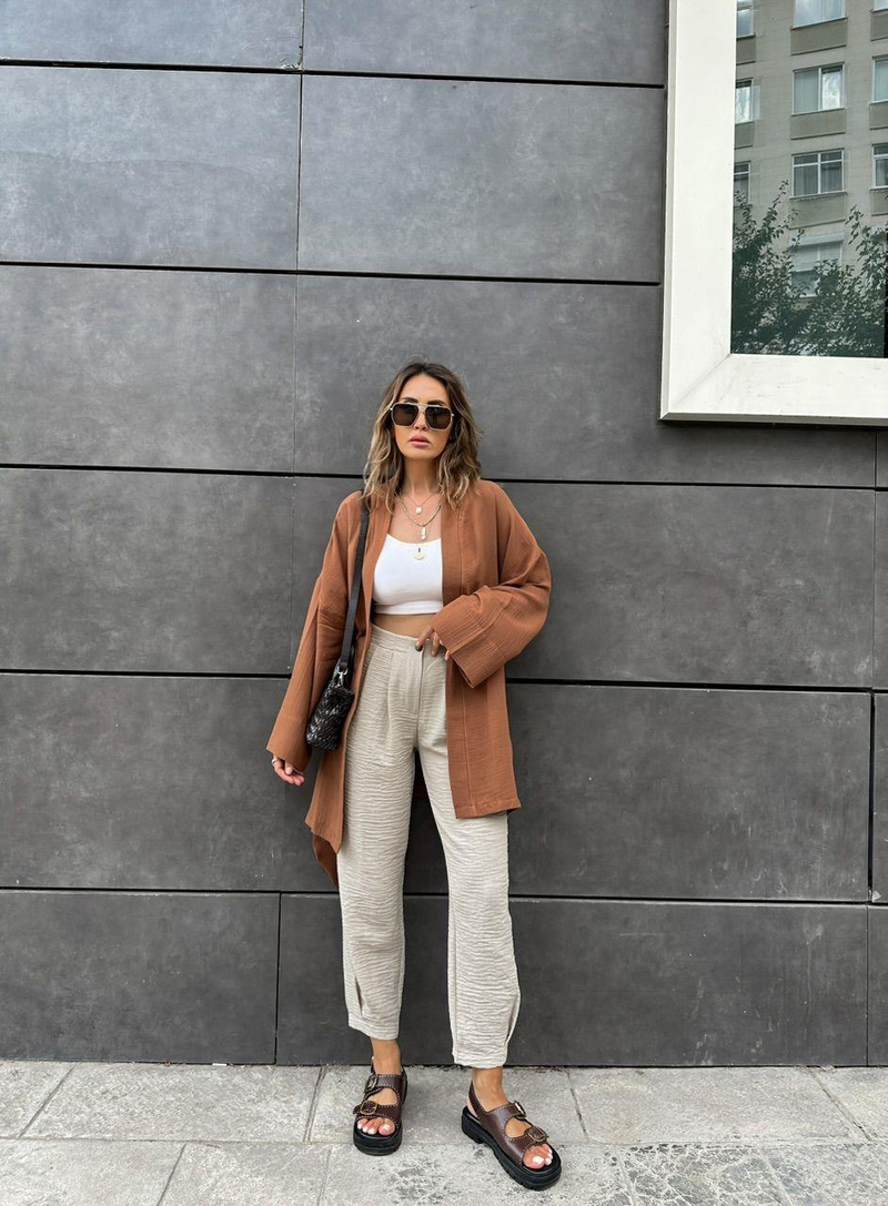 Açık Kahve Müslin Ceket Kimono