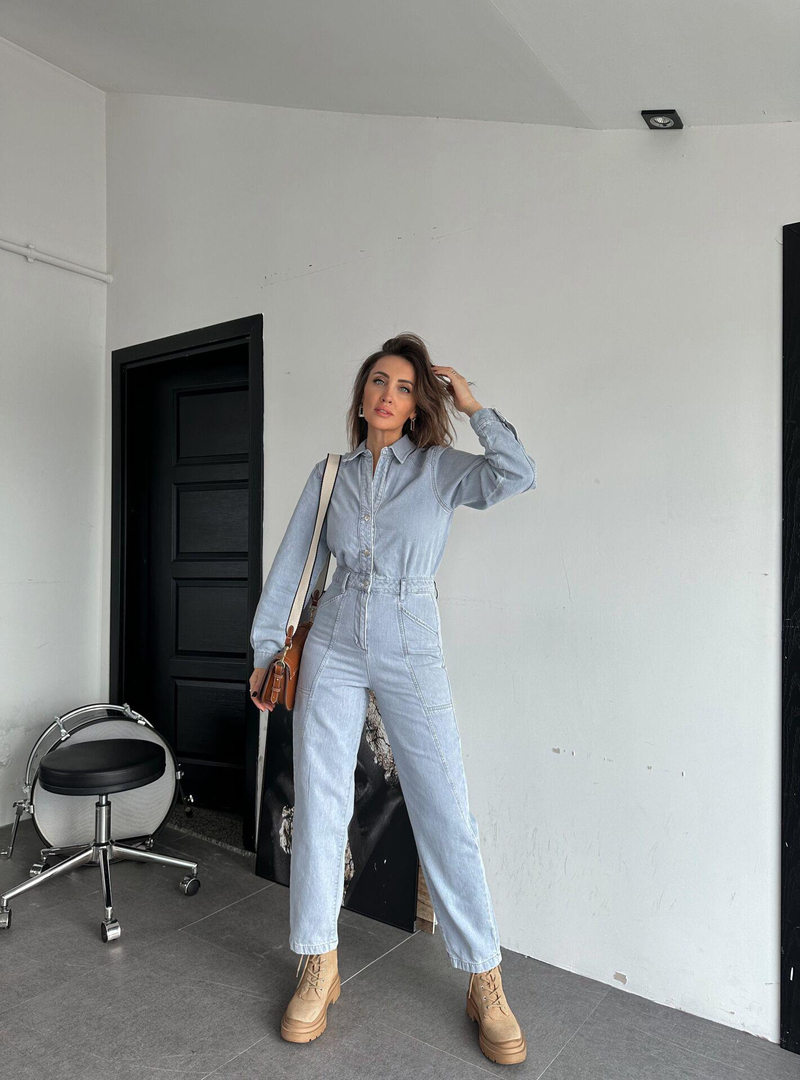Açık Mavi Cep Detaylı Kot Tulum