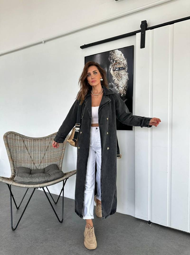 Antrasit Kemerli Denim Trençkot