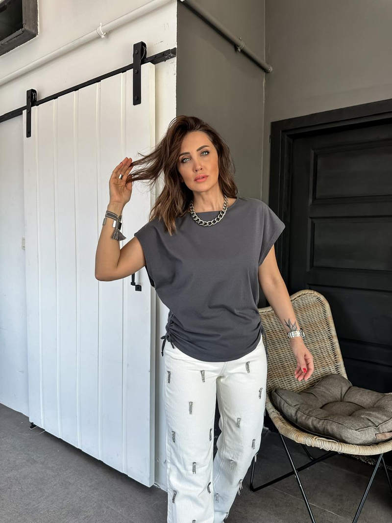 Antrasit Kenarları Büzgülü Cotton Tshirt