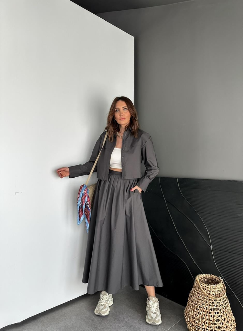 Antrasit Kısa Gömlekli Etekli Cotton Takım
