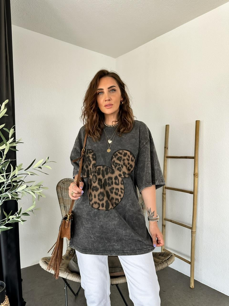 Antrasit Leopar Mickey Figürlü Tshirt