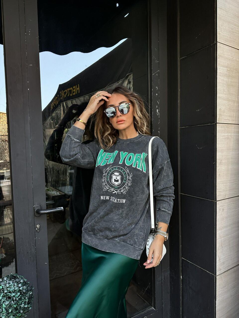 Antrasit New York Yıkamalı Sweatshirt