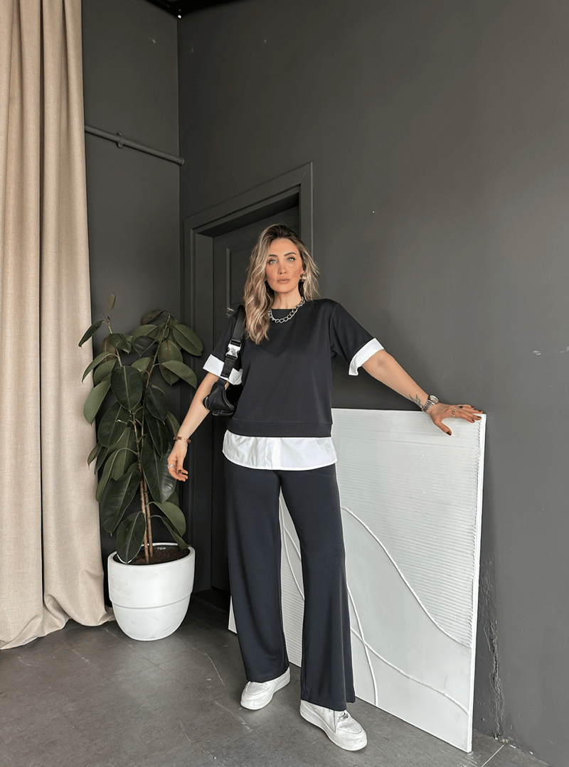 Antrasit Poplin Detaylı Modal Takım