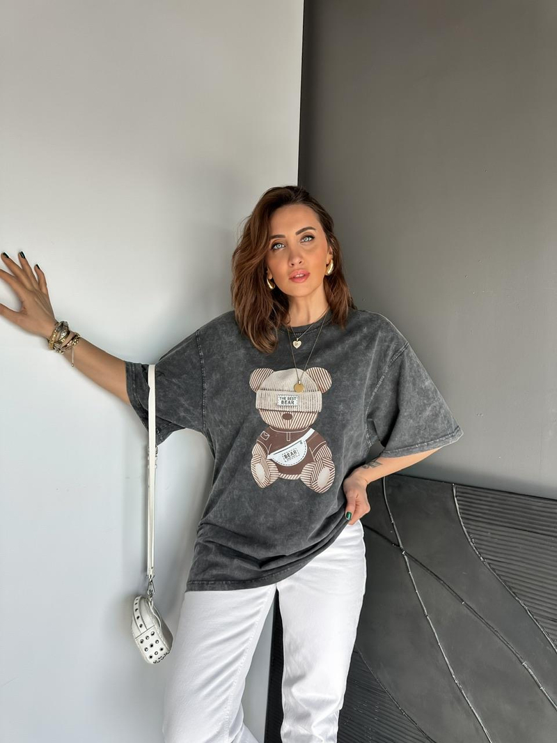 Antrasit The Best Bear Yıkamalı Tshirt