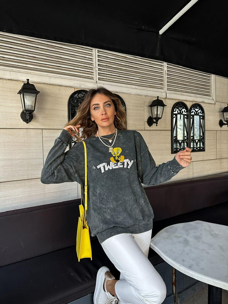Antrasit Tweety Yıkamalı Sweatshirt