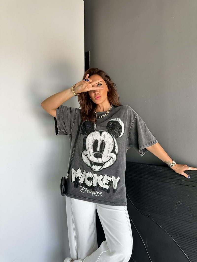 Antrasit Yıkamalı Disney Tshirt