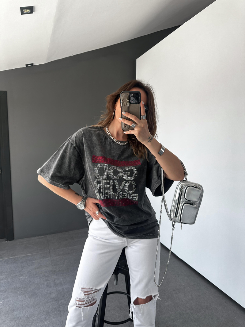 Antrasit Yıkamalı God Over Tshirt