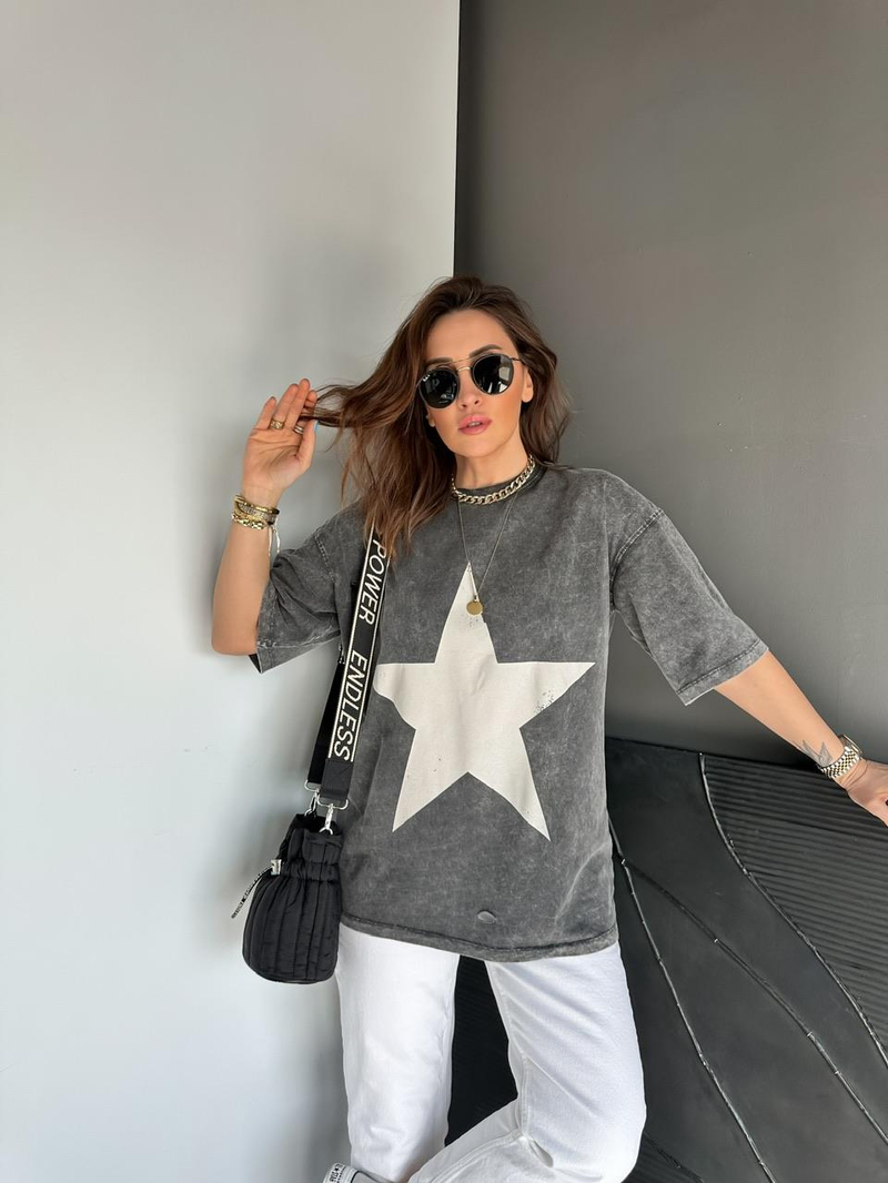 Antrasit Yıldızlı Yıkamalı Tshirt