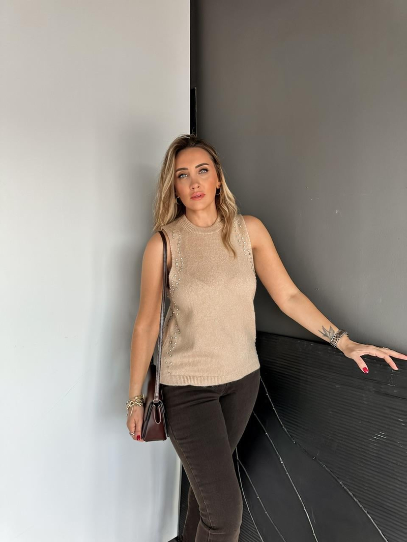 Bej Taşlı Bisiklet Yaka Triko