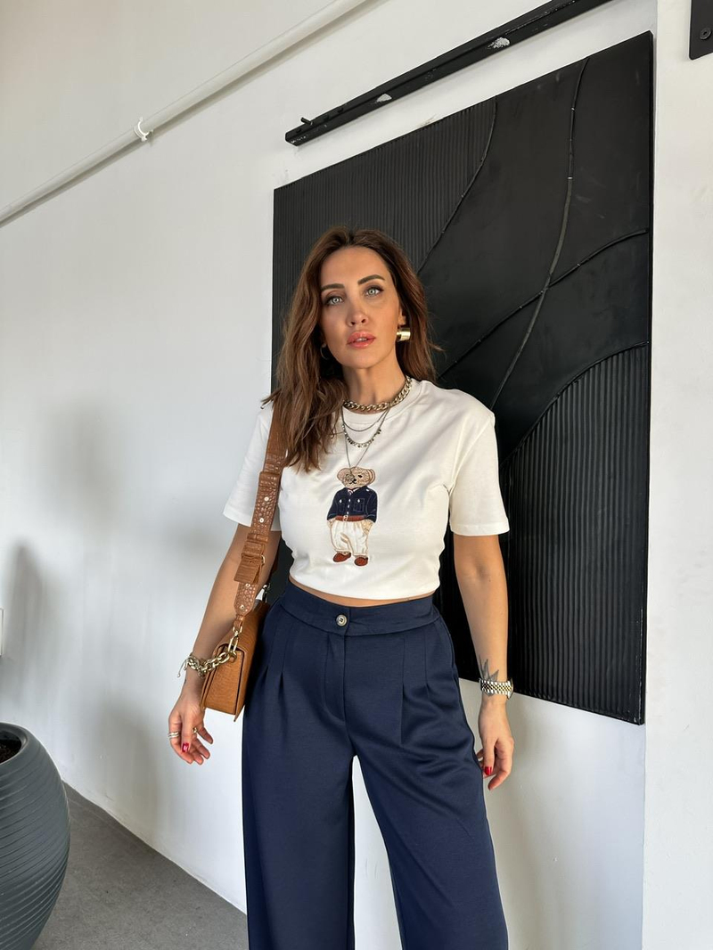 Beyaz Ayıcık Figürlü Cotton Tshirt