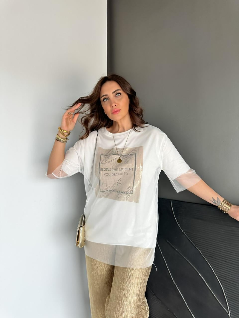 Beyaz Beauty Tül Detaylı Tshirt
