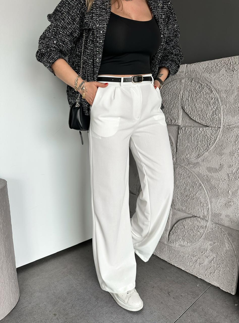 Beyaz Beli Lastikli Kemerli Bol Pantolon