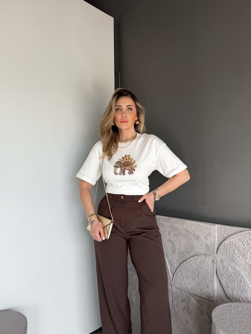 Beyaz Fil Nakışlı Cotton Tshirt