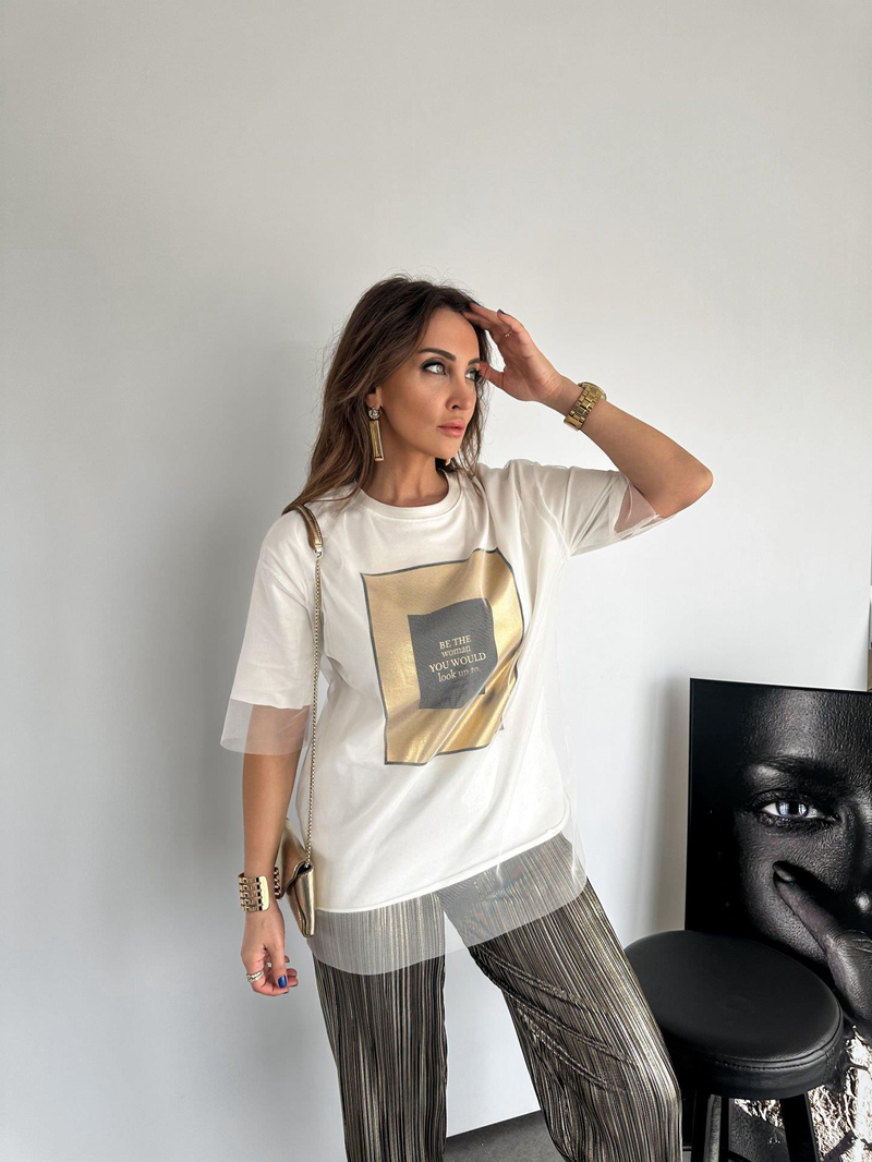 Beyaz Gold Baskılı Tüllü Tshirt
