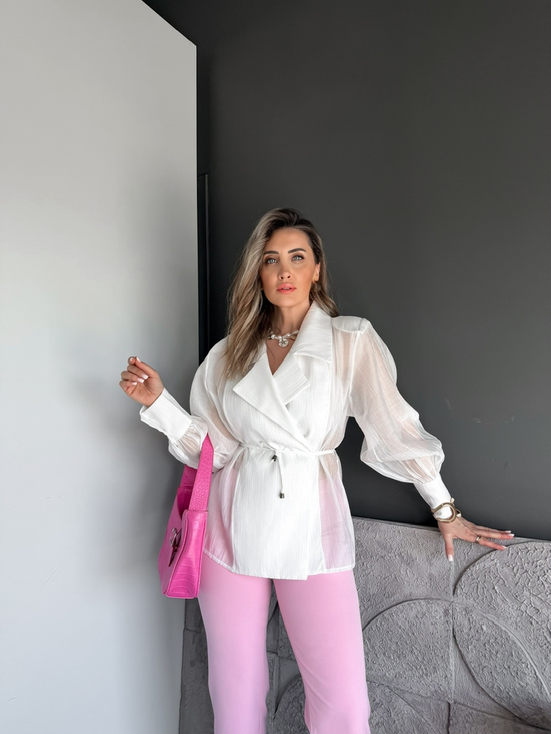 Beyaz Manşet Kollu Tül Ceket