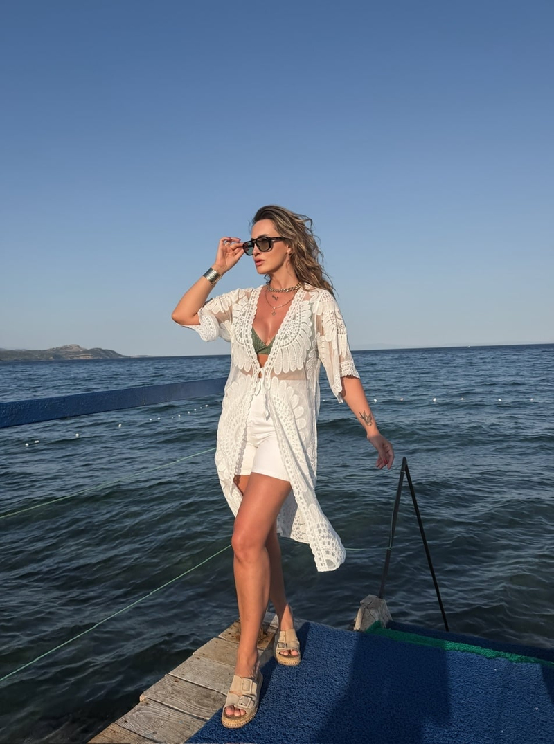 Beyaz Motifli Bohem Kimono 