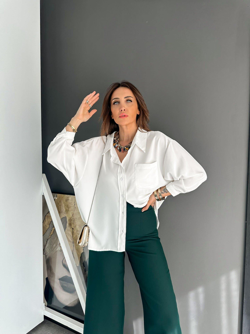 Beyaz Pamuk Saten Oversize Gömlek