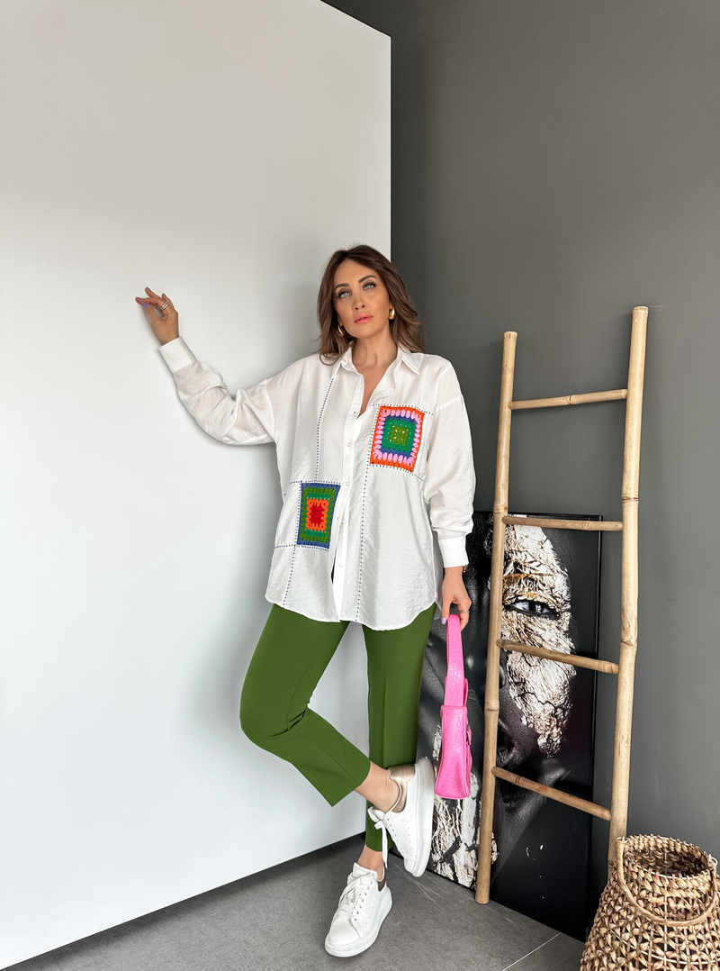 Beyaz Patchwork Parçalı Gömlek