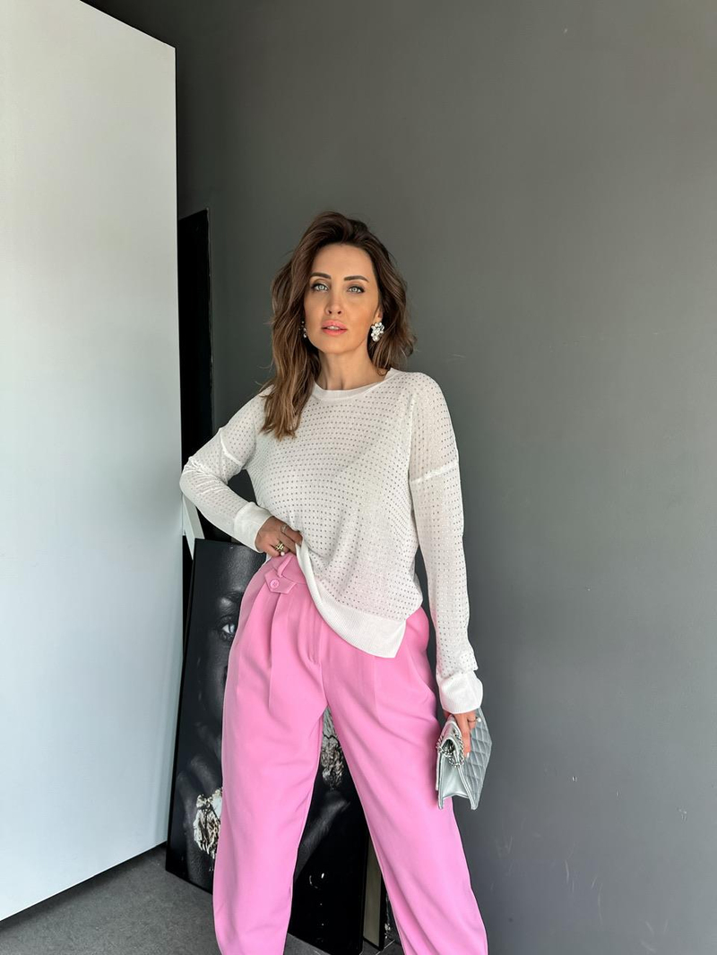 Beyaz Serpme Taşlı İnci Triko 
